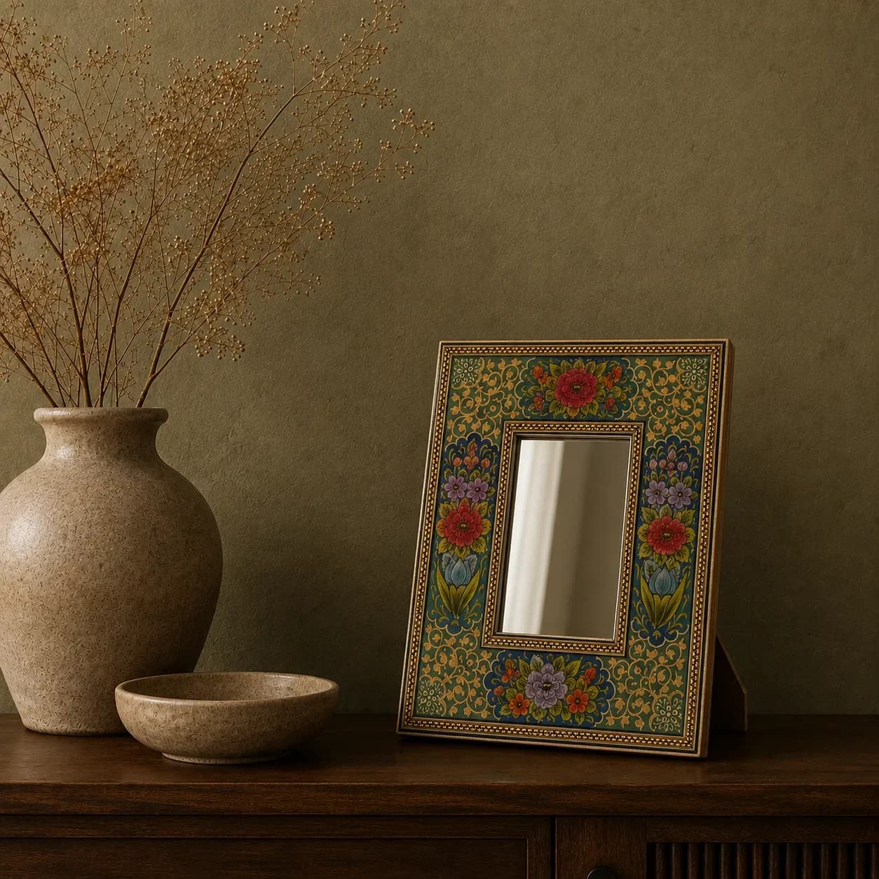 Hatem-Spiegel in Türkis mit Blumenmotiv, Größe M